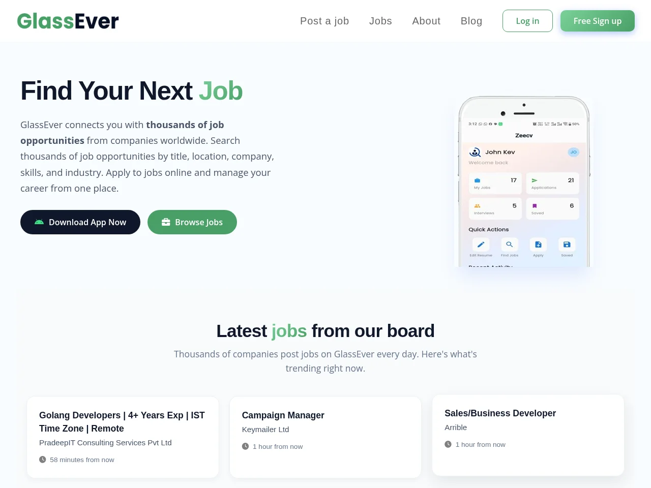 GlassEver job board platform screenshot showing job search interface
