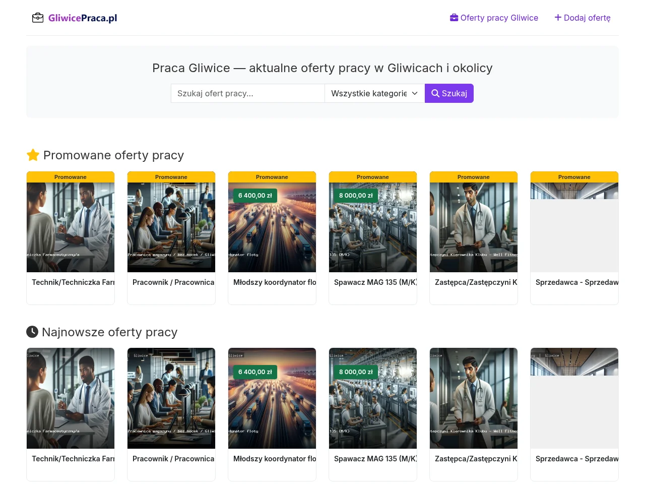 gliwicepraca.pl job board platform screenshot showing job search interface