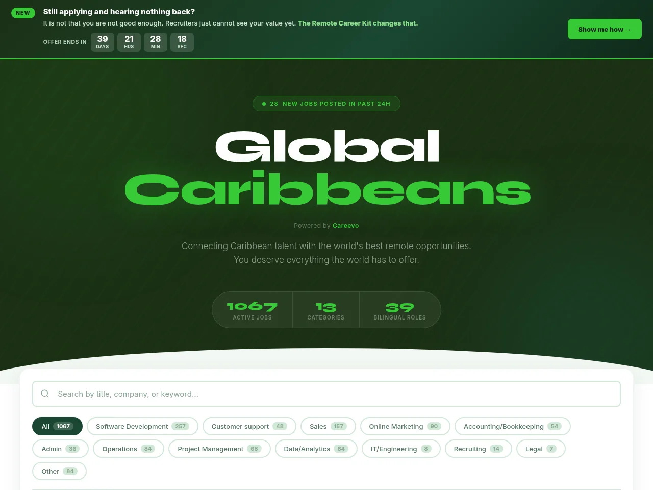 Global Caribbeans job board platform screenshot showing job search interface