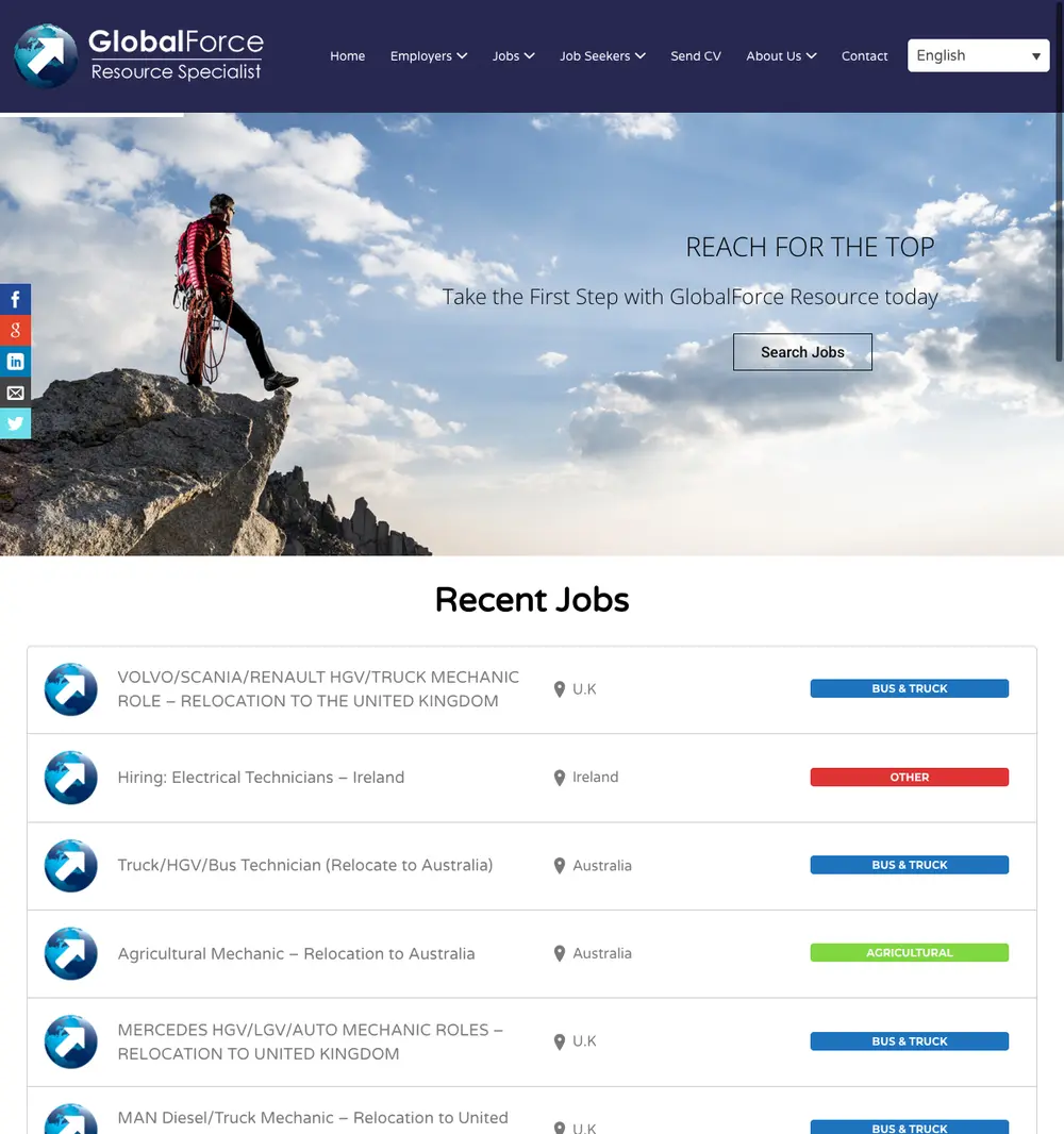 Global Force Resource job board platform screenshot showing job search interface