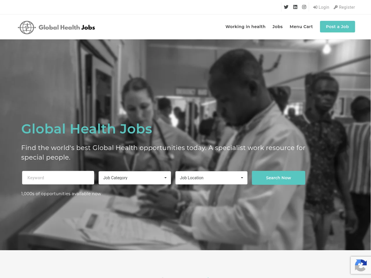 Global Health Jobs job board platform screenshot showing job search interface