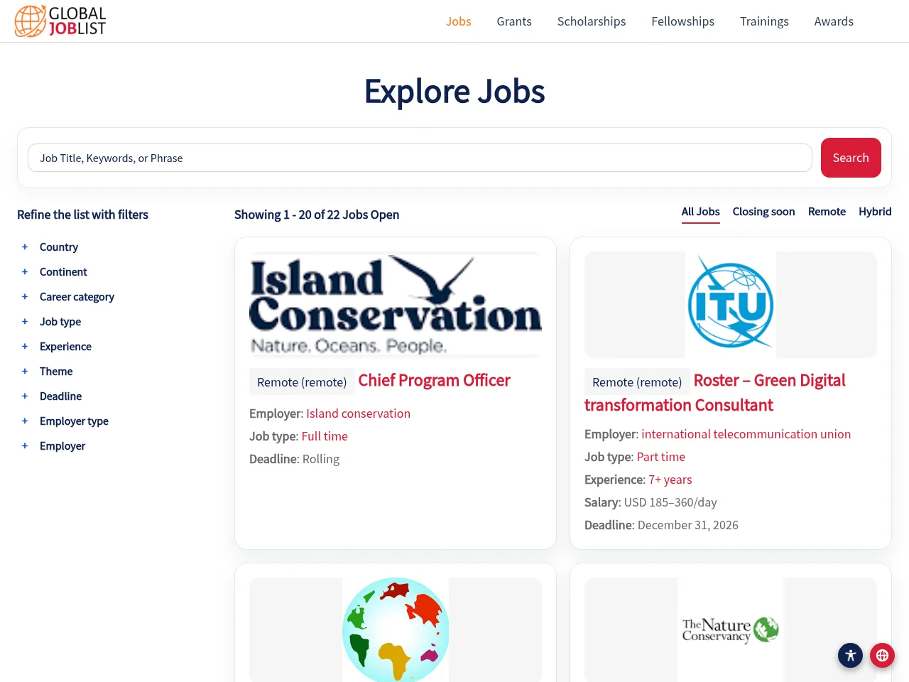 Global JobList screenshot Global JobList job board platform screenshot showing job search interface
