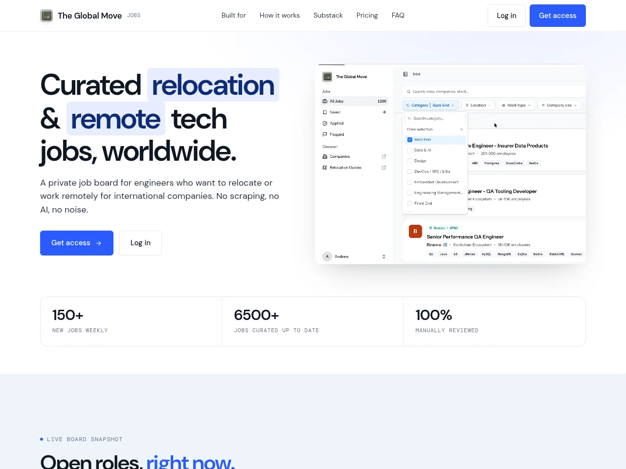 The Global Move job board platform screenshot showing job search interface