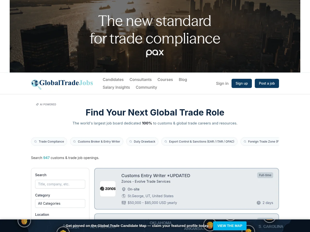 Global Trade Jobs job board platform screenshot showing job search interface