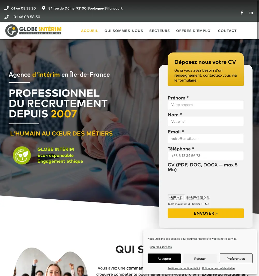Globe Intérim job board platform screenshot showing job search interface