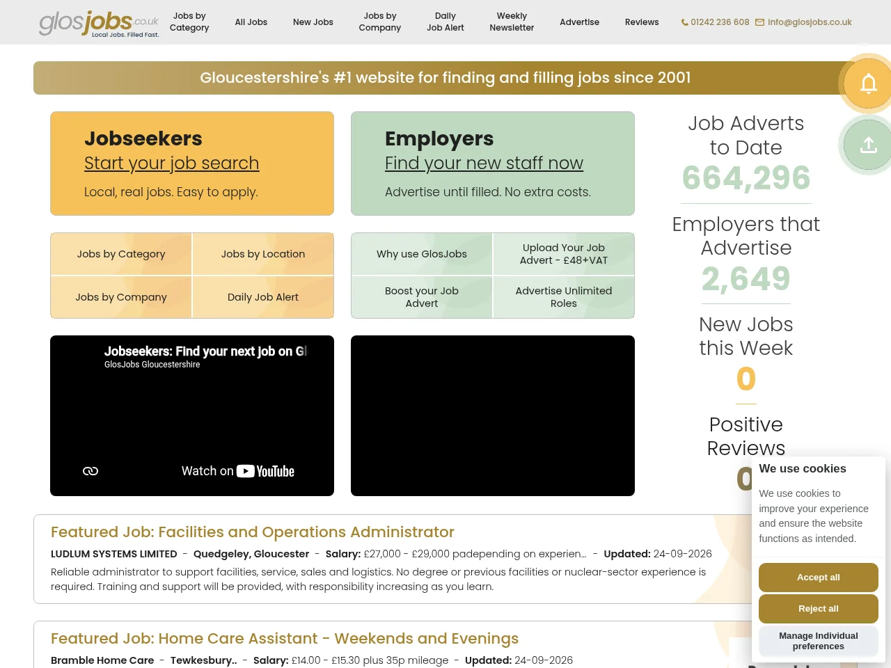 Gloucestershire Jobs job board platform screenshot showing job search interface