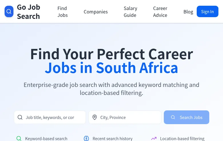 Go Job Search job board platform screenshot showing job search interface