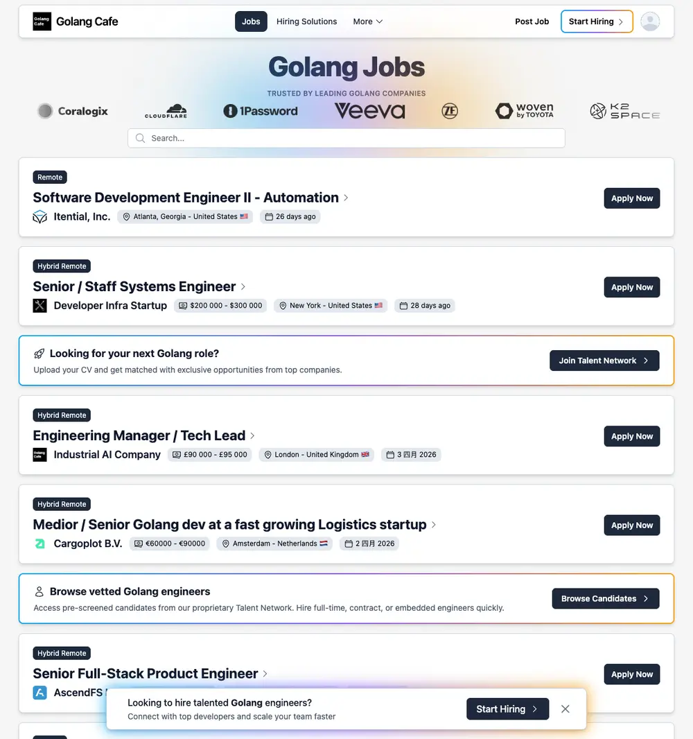Golang.cafe job board platform screenshot showing job search interface