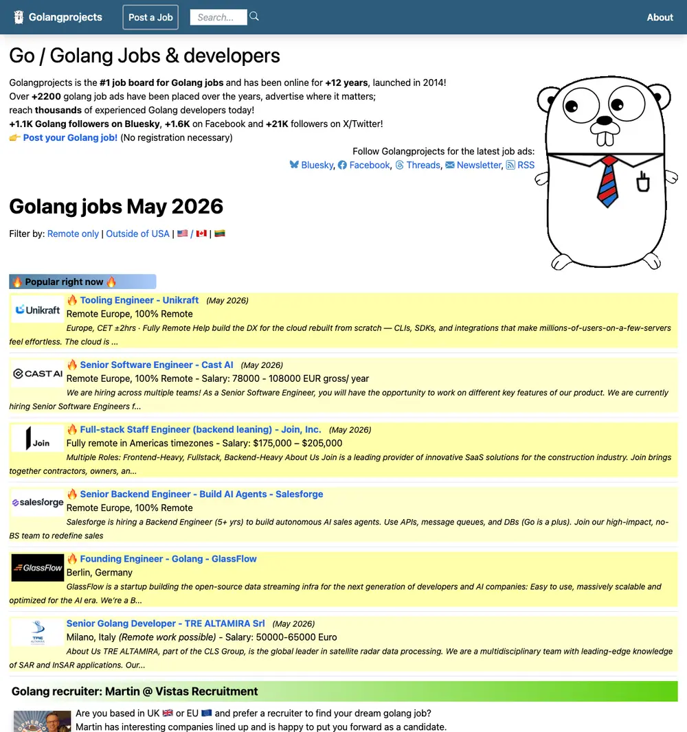 Golangprojects job board platform screenshot showing job search interface