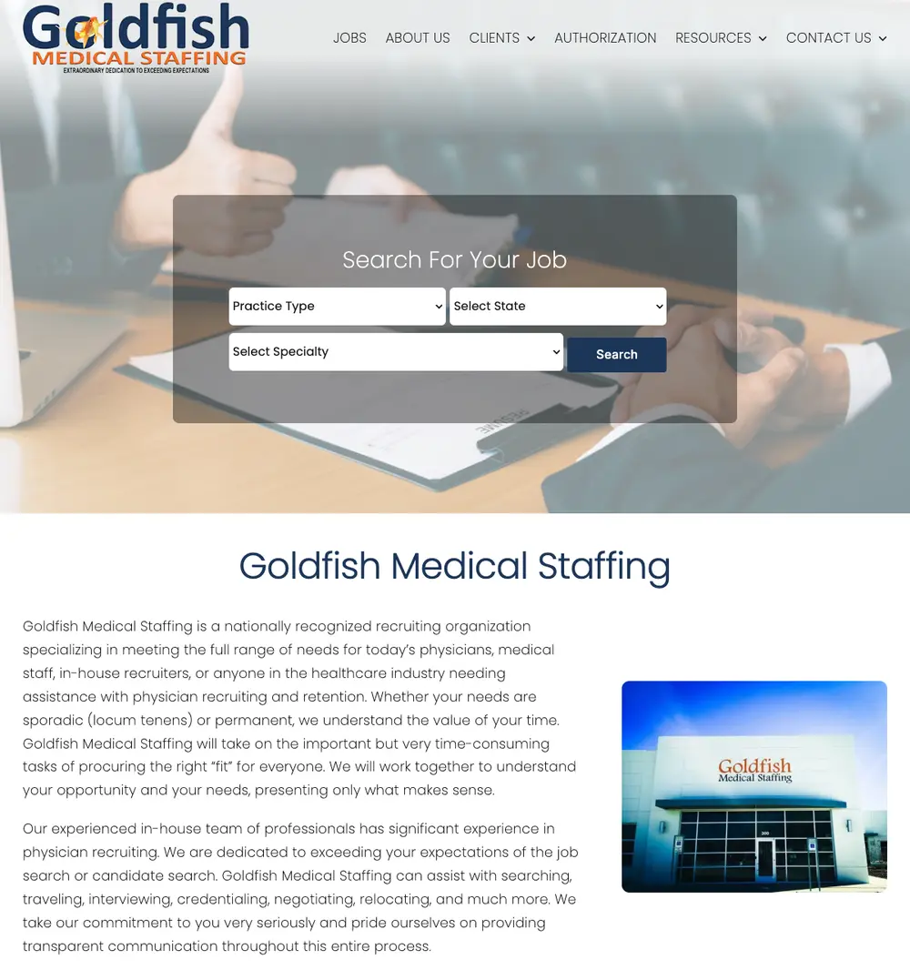 Goldfish Medical Staffing screenshot Goldfish Medical Staffing job board platform screenshot showing job search interface