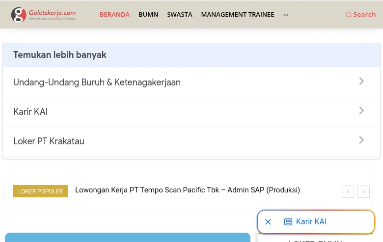 Goletskerja.com job board platform screenshot showing job search interface