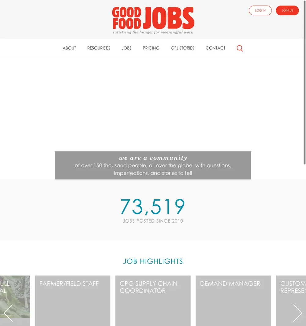 Good Food Jobs job board platform screenshot showing job search interface