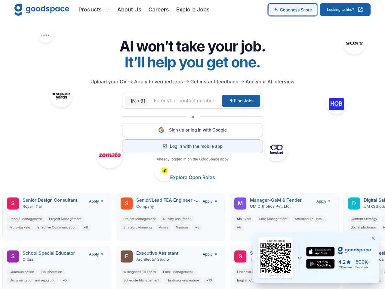 GoodSpace job board platform screenshot showing job search interface