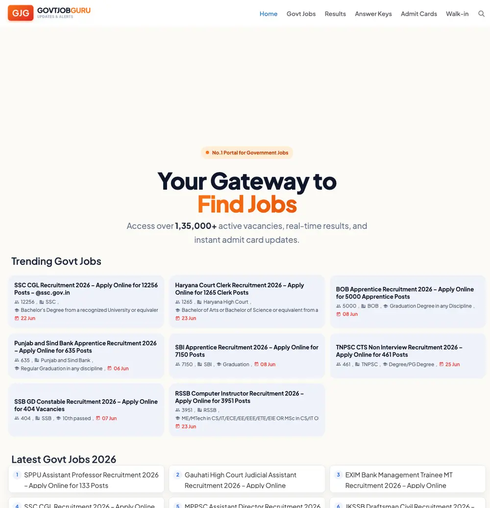 GovtJobGuru.in job board platform screenshot showing job search interface