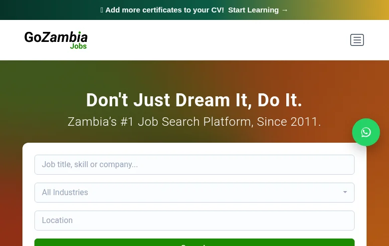 Go Zambia Jobs job board platform screenshot showing job search interface
