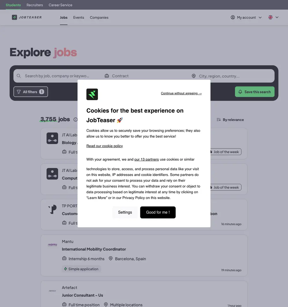 JobTeaser job board platform screenshot showing job search interface