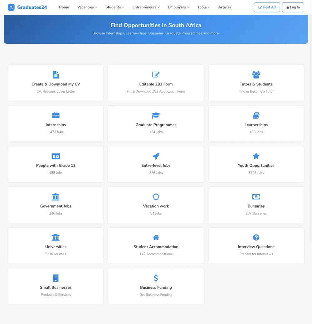 Graduates24 job board platform screenshot showing job search interface