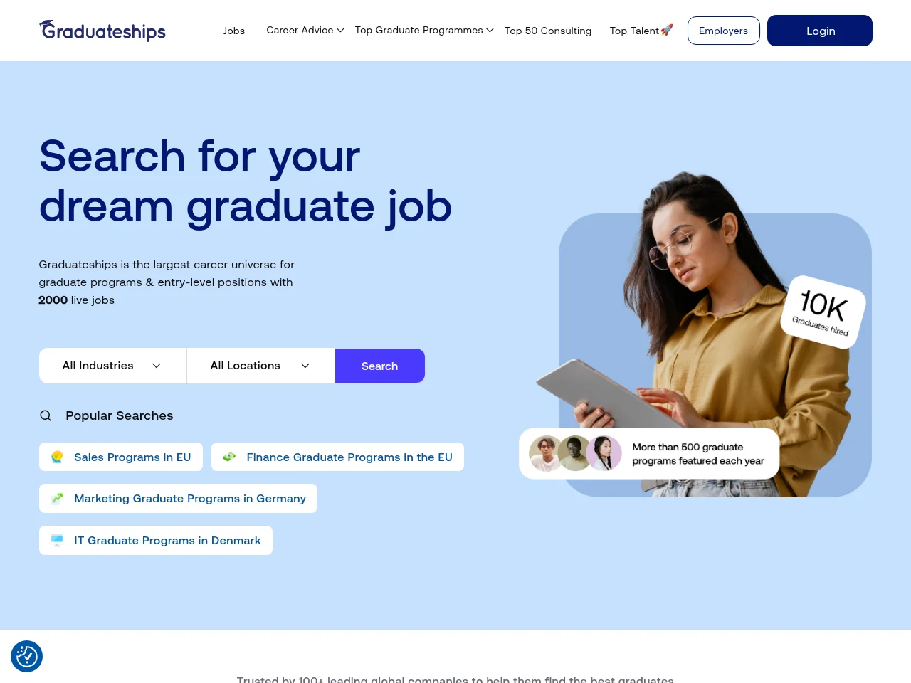 Graduateships screenshot Graduateships job board platform screenshot showing job search interface
