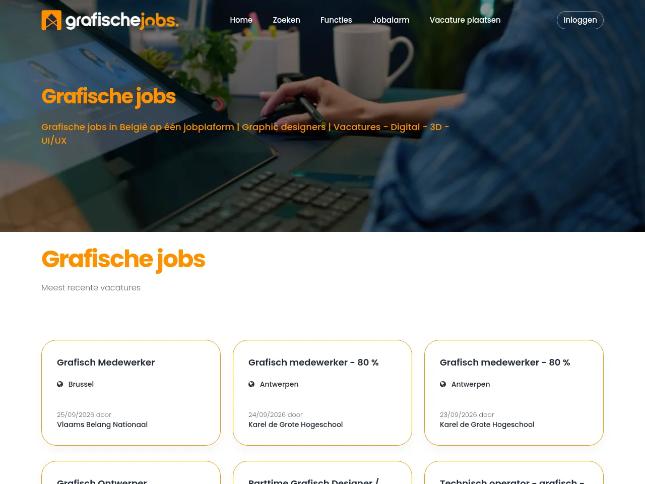 Grafischejobs.be job board platform screenshot showing job search interface