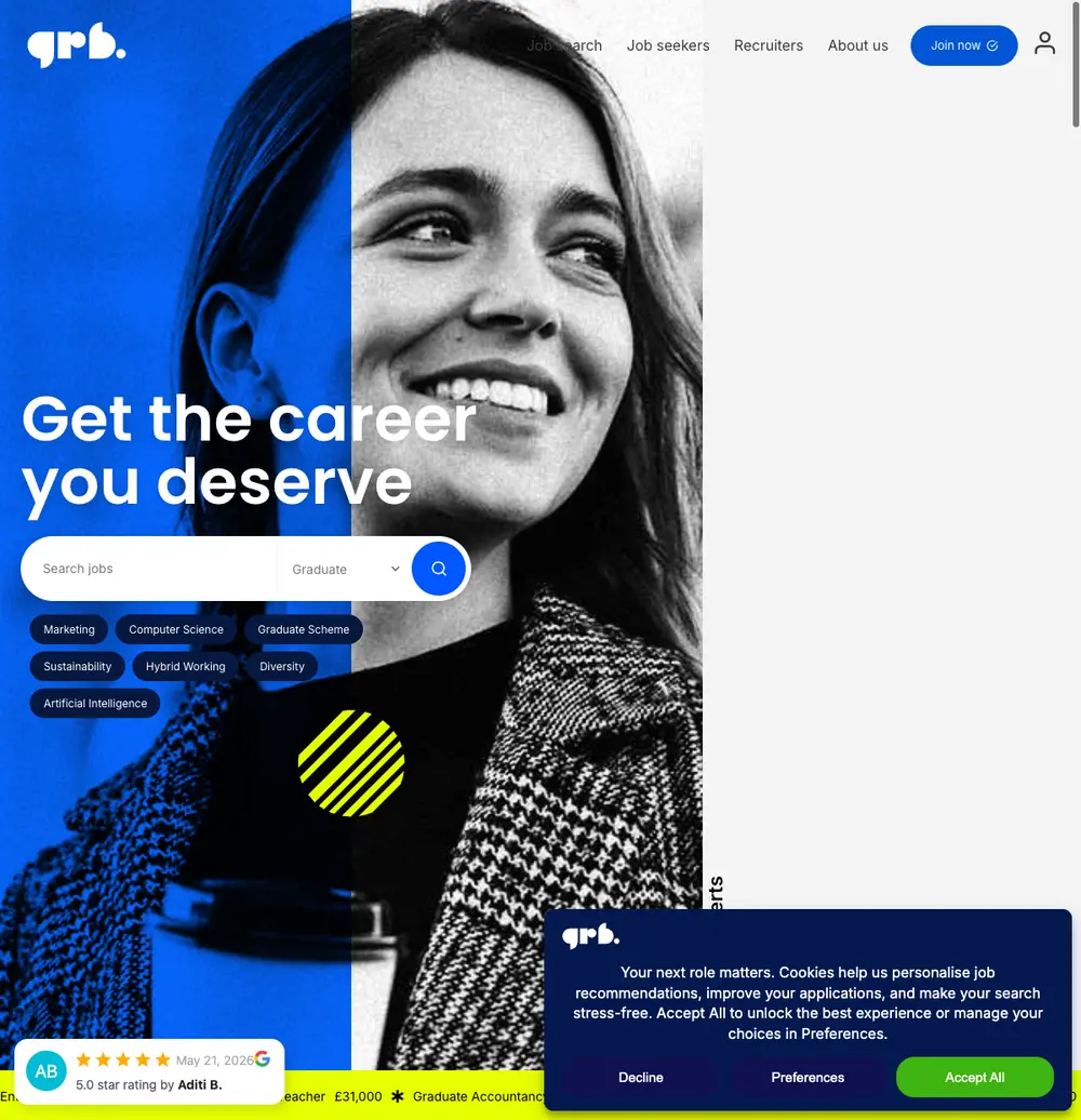 Graduate Recruitment Bureau job board platform screenshot showing job search interface