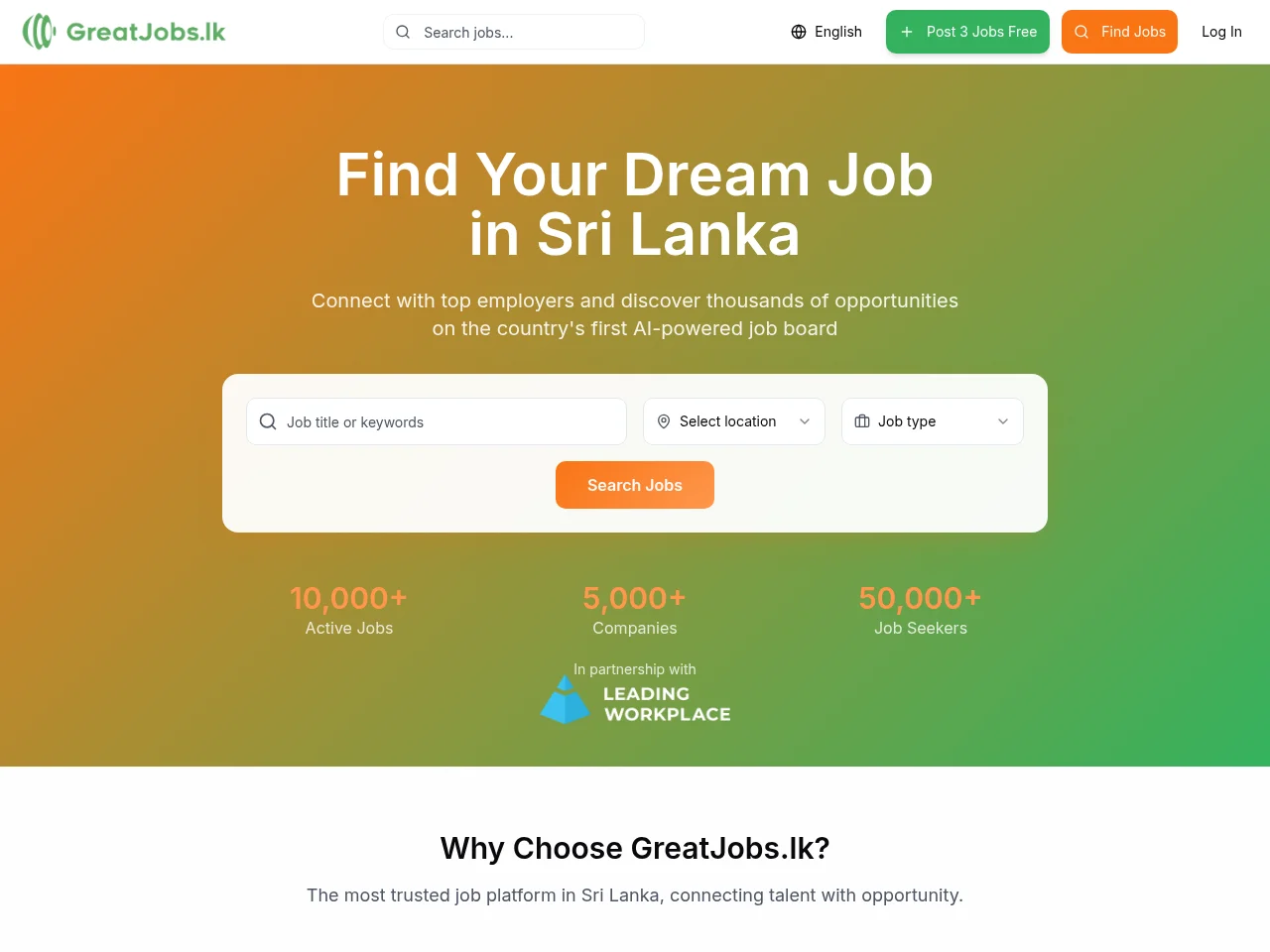 GreatJobs.lk job board platform screenshot showing job search interface