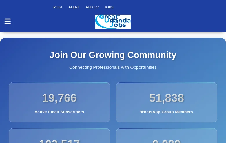 Great Uganda Jobs job board platform screenshot showing job search interface