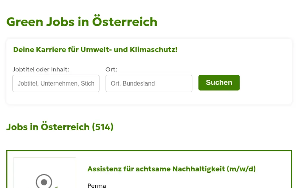 Green Jobs Österreich job board platform screenshot showing job search interface