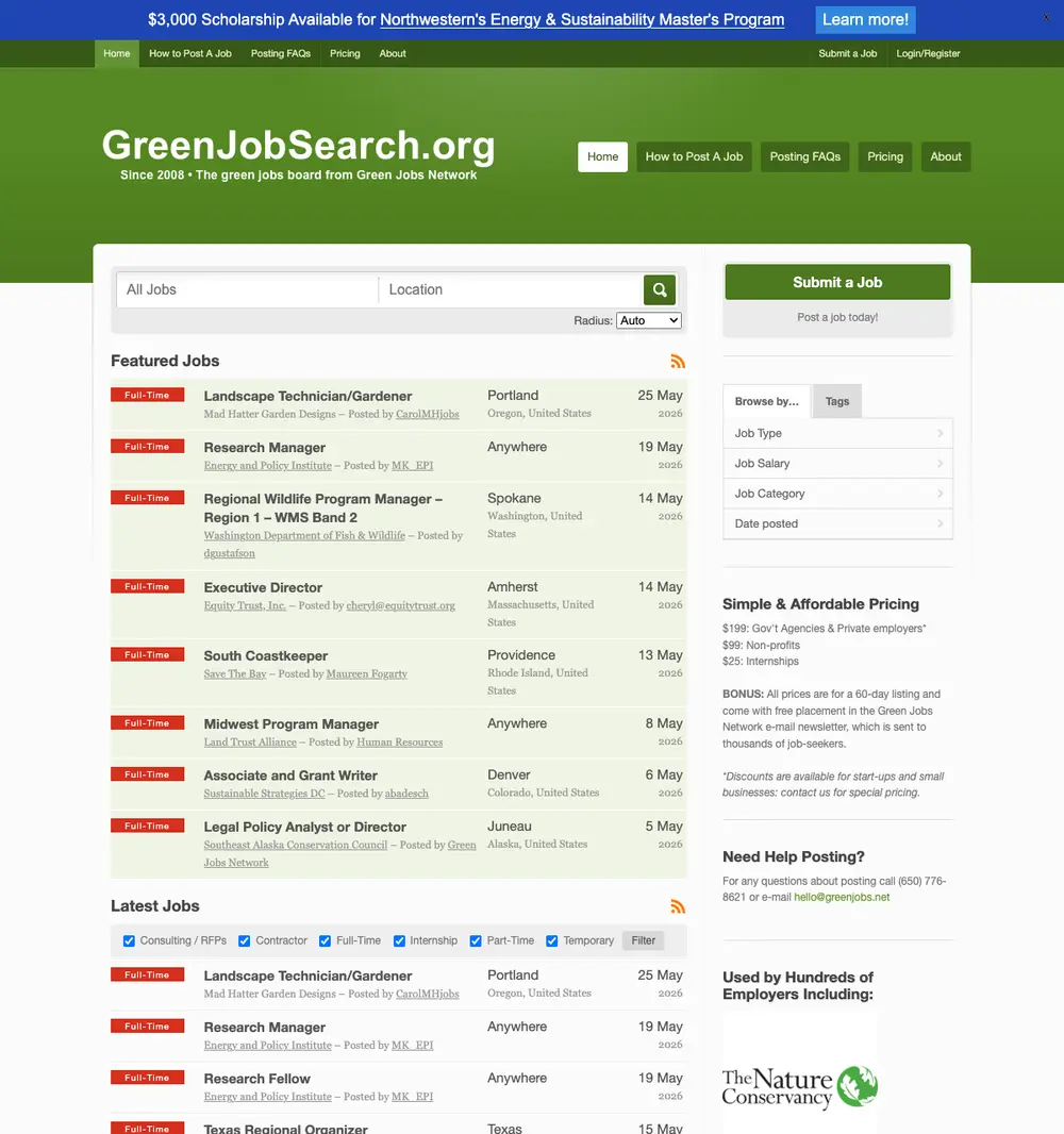 Green Jobs Board job board platform screenshot showing job search interface