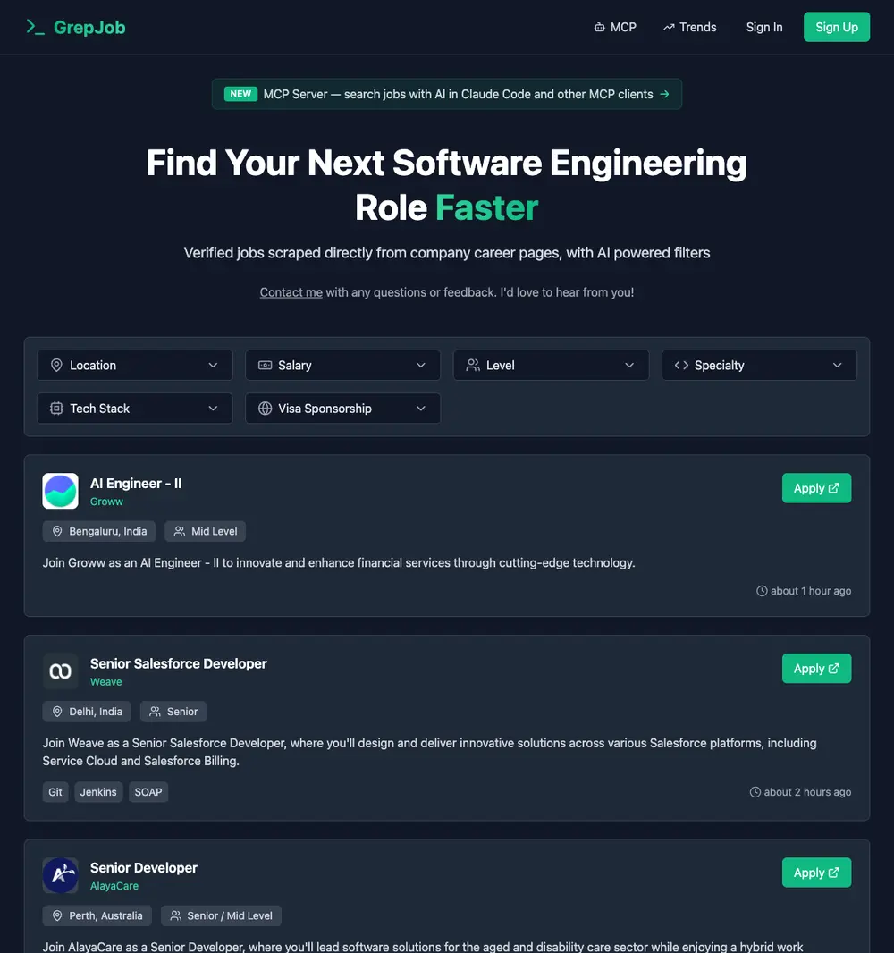 GrepJob job board platform screenshot showing job search interface