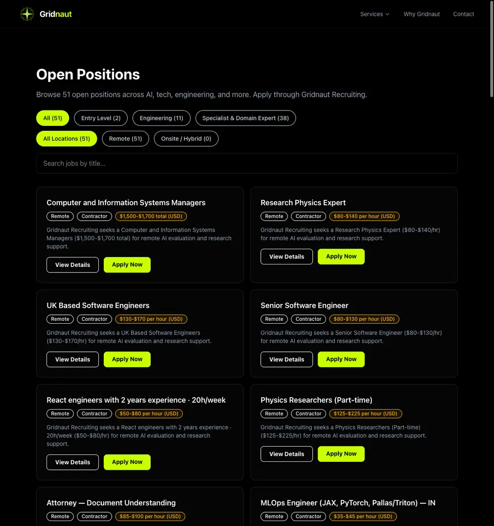 Gridnaut Recruiting job board platform screenshot showing job search interface