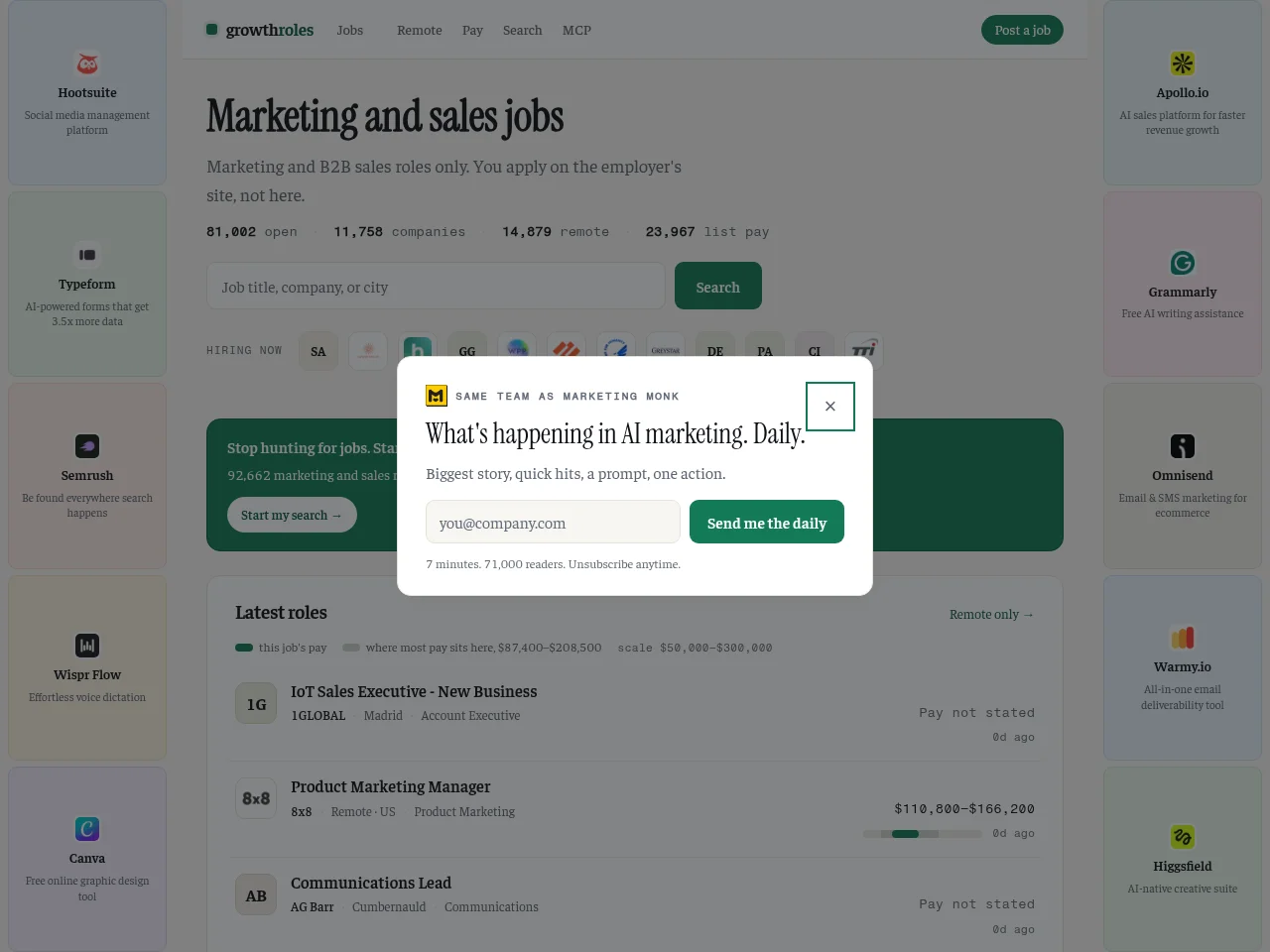 growthroles job board platform screenshot showing job search interface