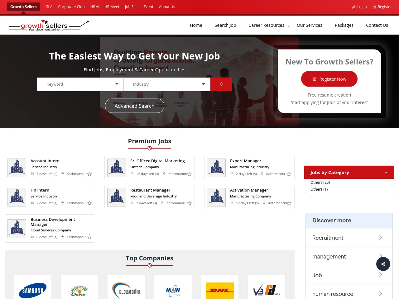 Growth Sellers job board platform screenshot showing job search interface