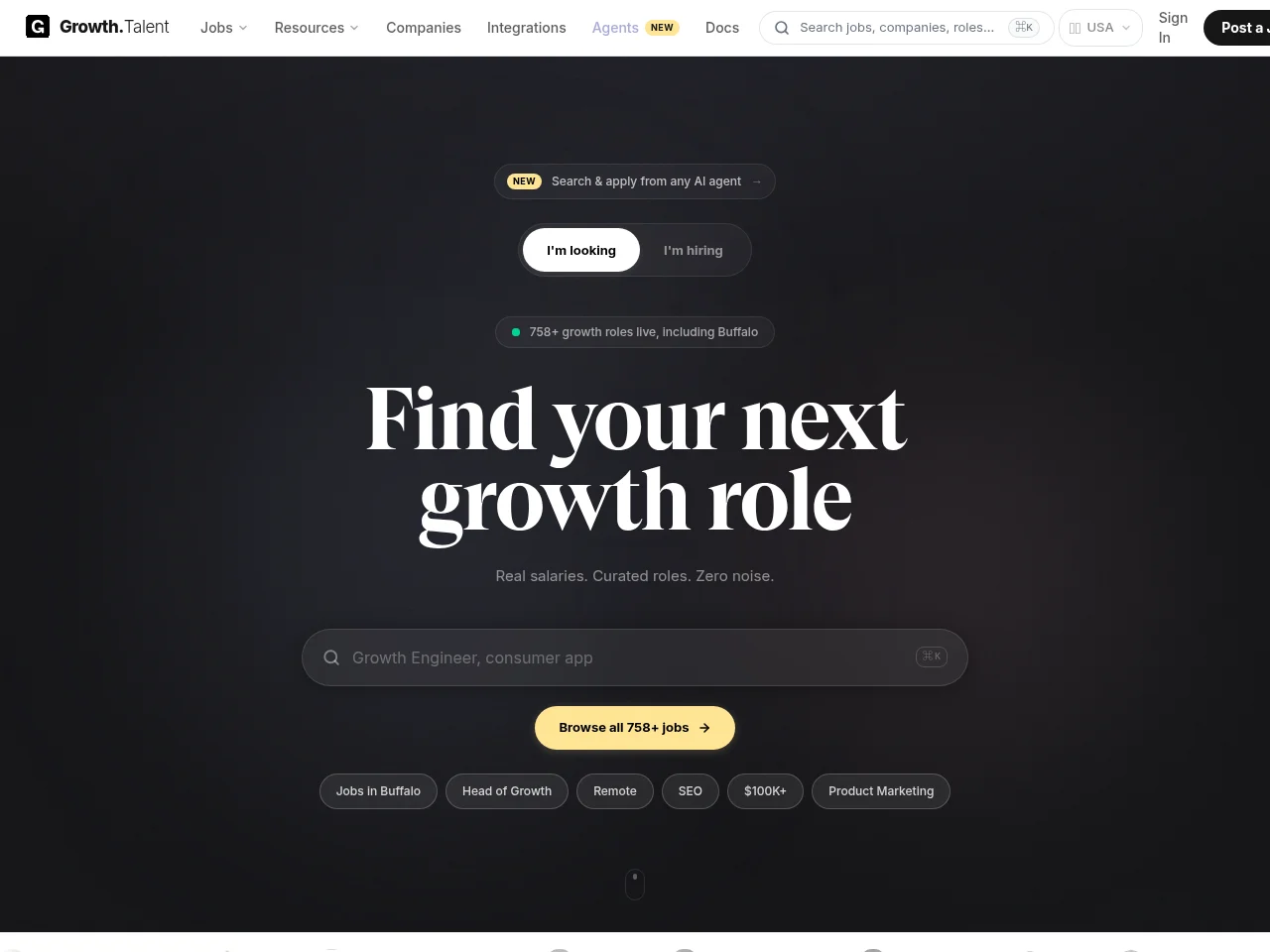 Growth.Talent job board platform screenshot showing job search interface