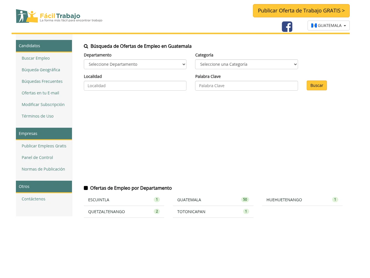 Facil Trabajo job board platform screenshot showing job search interface