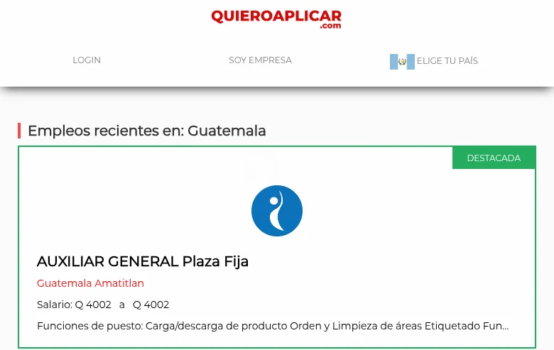 QuieroAplicar job board platform screenshot showing job search interface