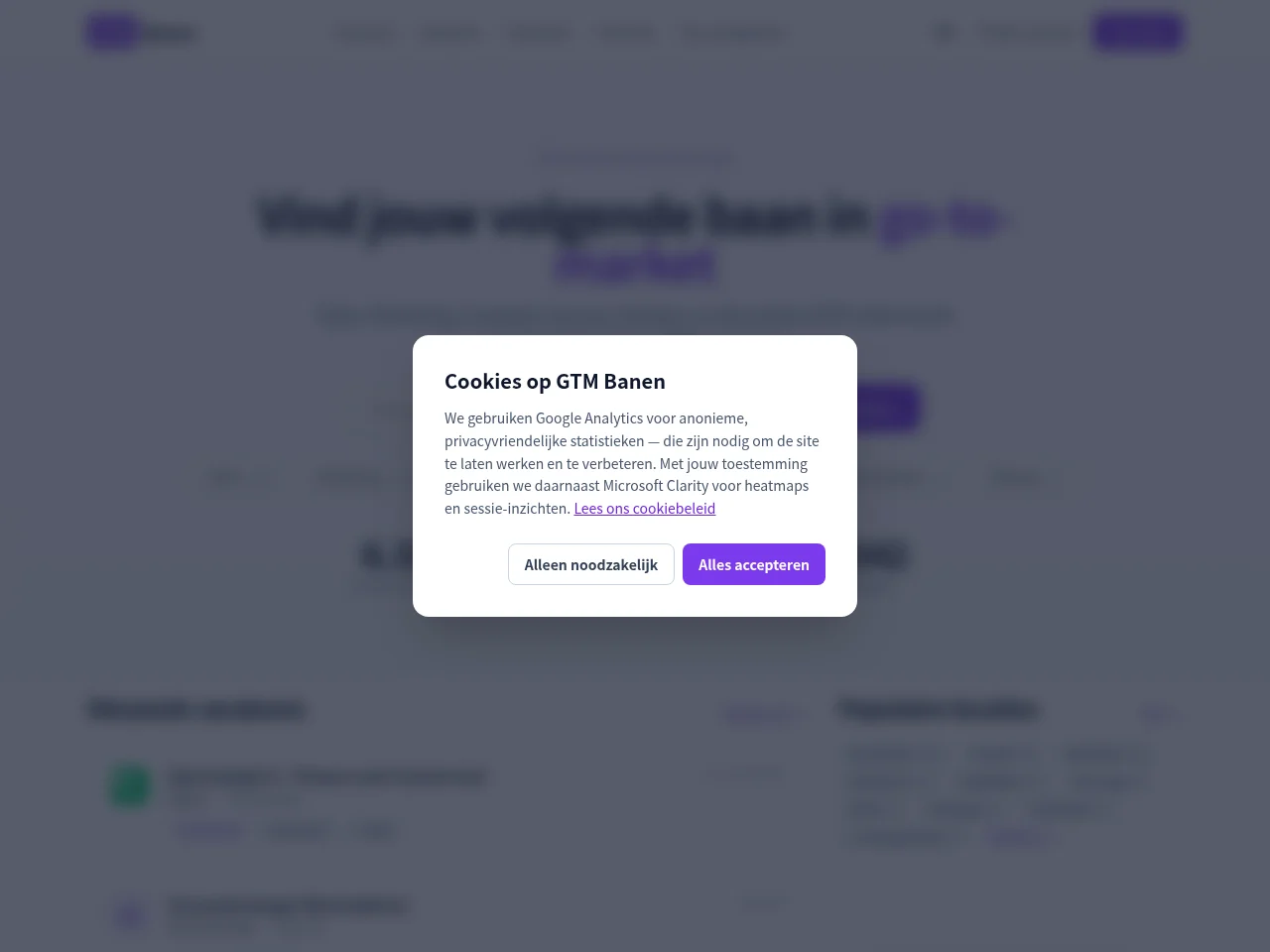 GTM Banen job board platform screenshot showing job search interface