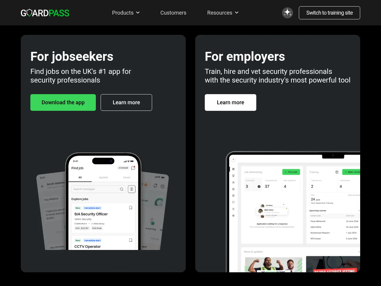 GuardPass job board platform screenshot showing job search interface