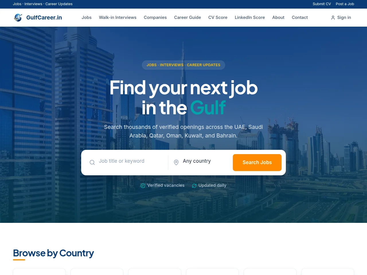 GulfCareer.in job board platform screenshot showing job search interface