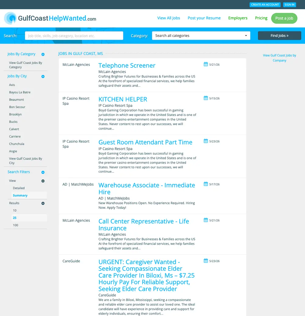 GulfCoastHelpWanted.com job board platform screenshot showing job search interface