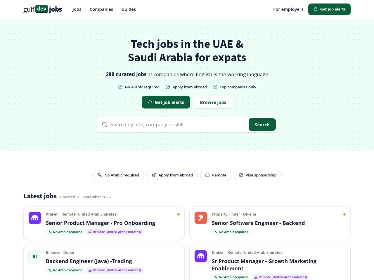 GulfDevJobs job board platform screenshot showing job search interface