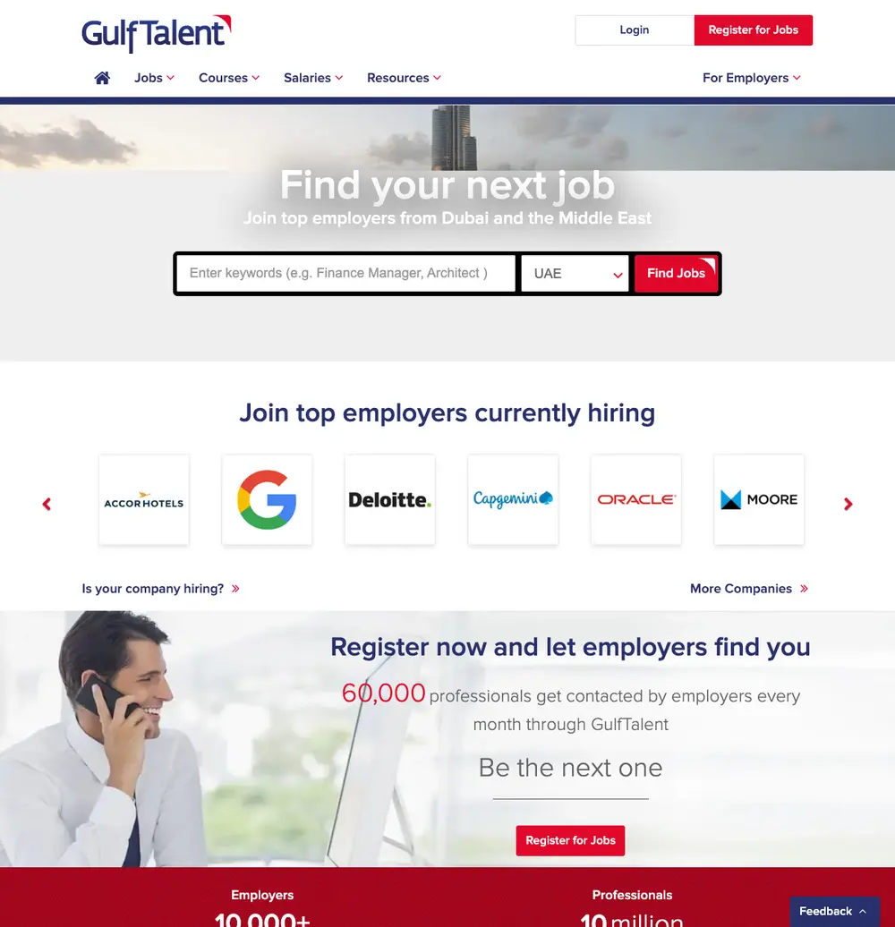 GulfTalent job board platform screenshot showing job search interface