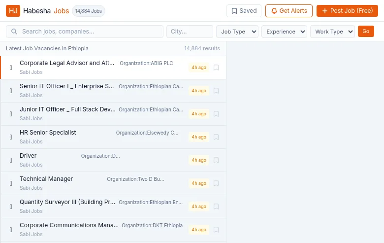 HabeshaJobs job board platform screenshot showing job search interface