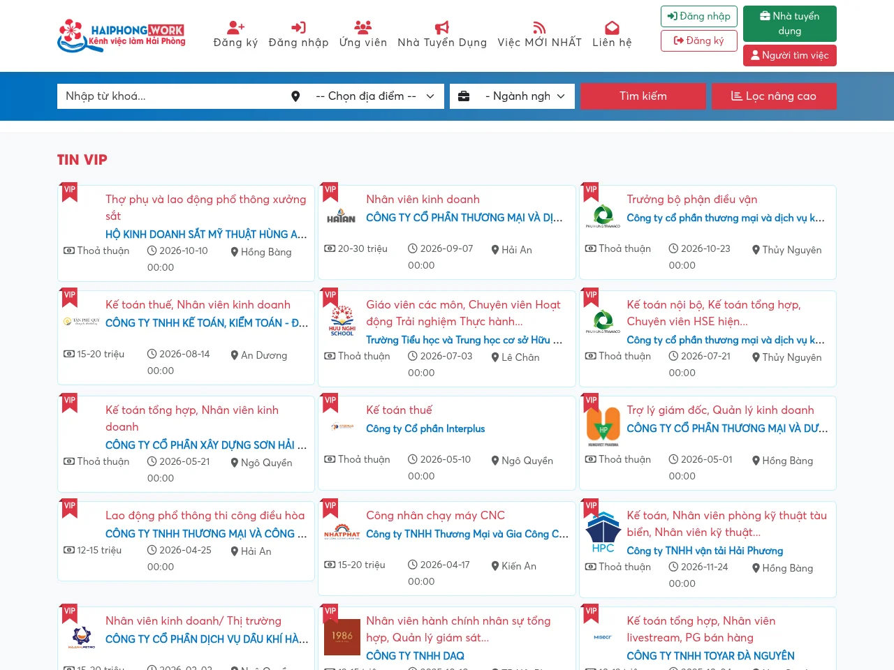 Hải Phòng Work job board platform screenshot showing job search interface