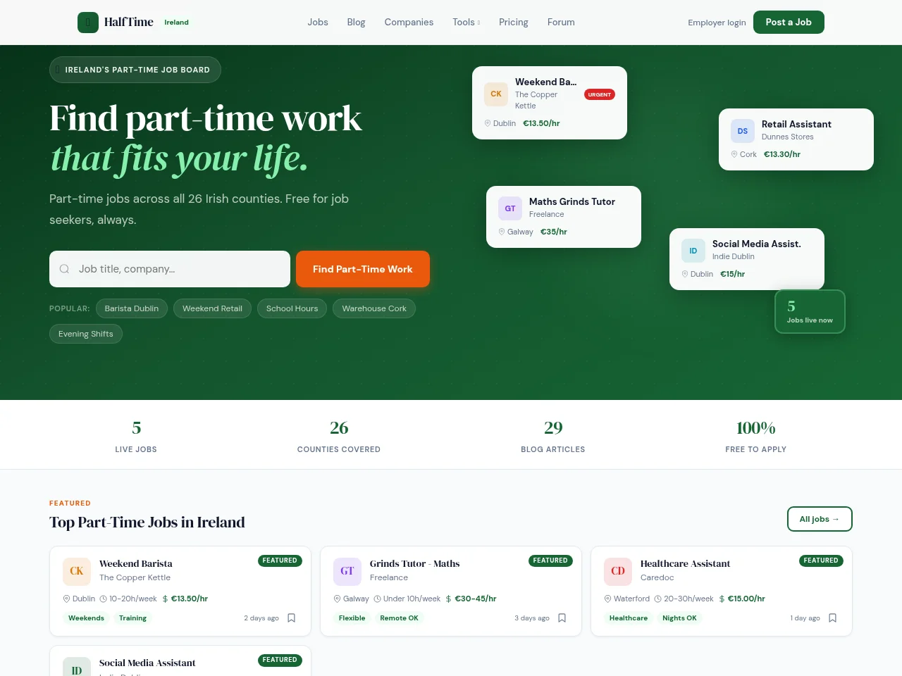 HalfTime Ireland job board platform screenshot showing job search interface