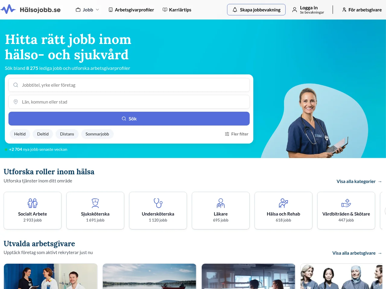 Hälsojobb job board platform screenshot showing job search interface