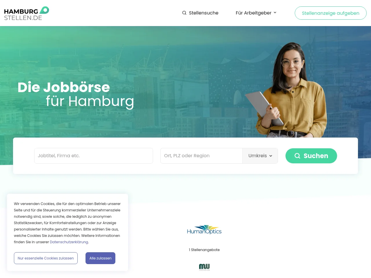 Hamburg-Stellen.de job board platform screenshot showing job search interface