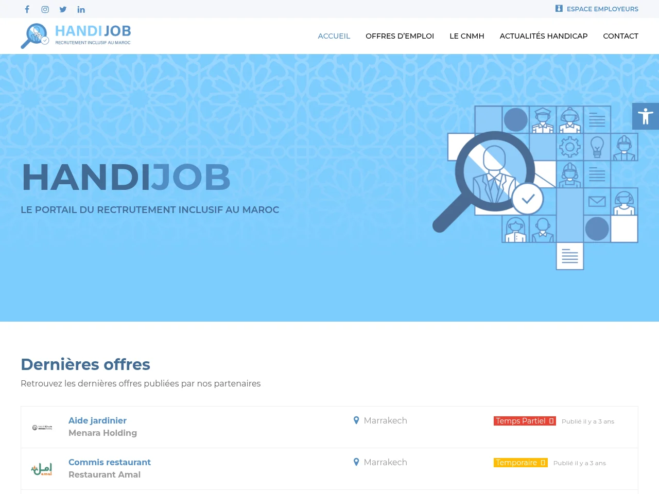 HANDI JOB job board platform screenshot showing job search interface