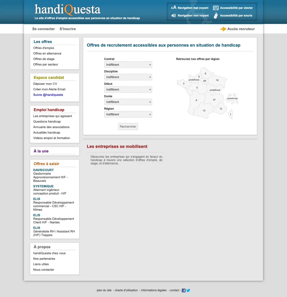 HandiQuesta job board platform screenshot showing job search interface
