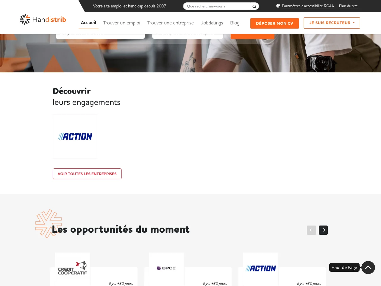 Handistrib job board platform screenshot showing job search interface