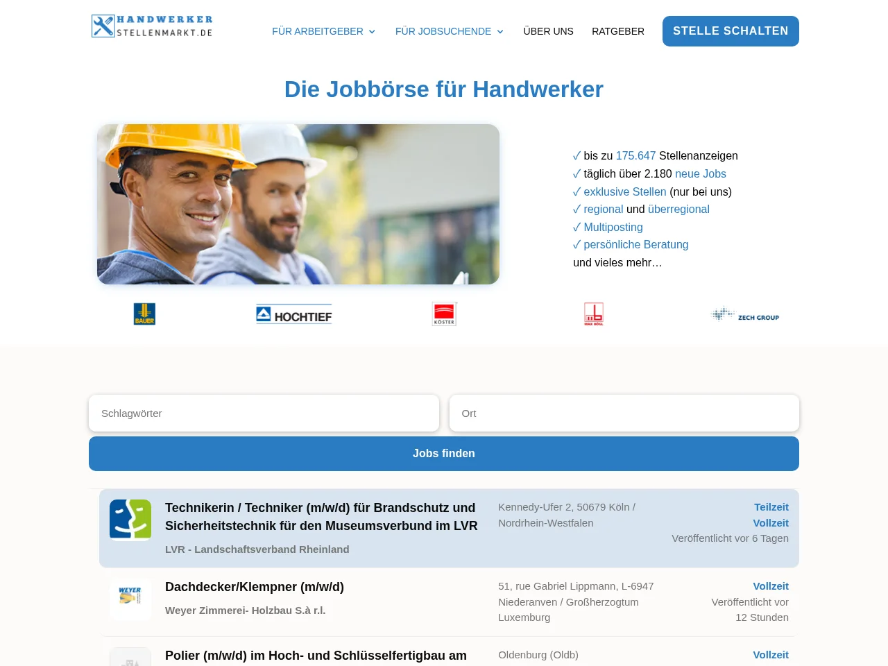 Handwerkerstellenmarkt job board platform screenshot showing job search interface